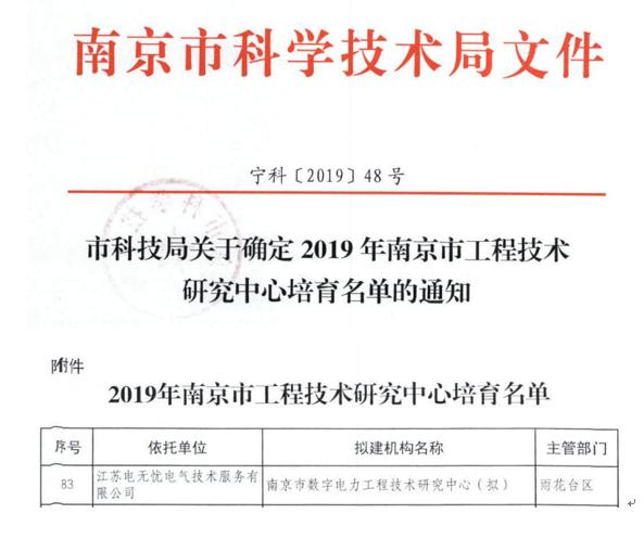 热烈祝贺我司被列入2019年南京市工程技术研究中心培育库